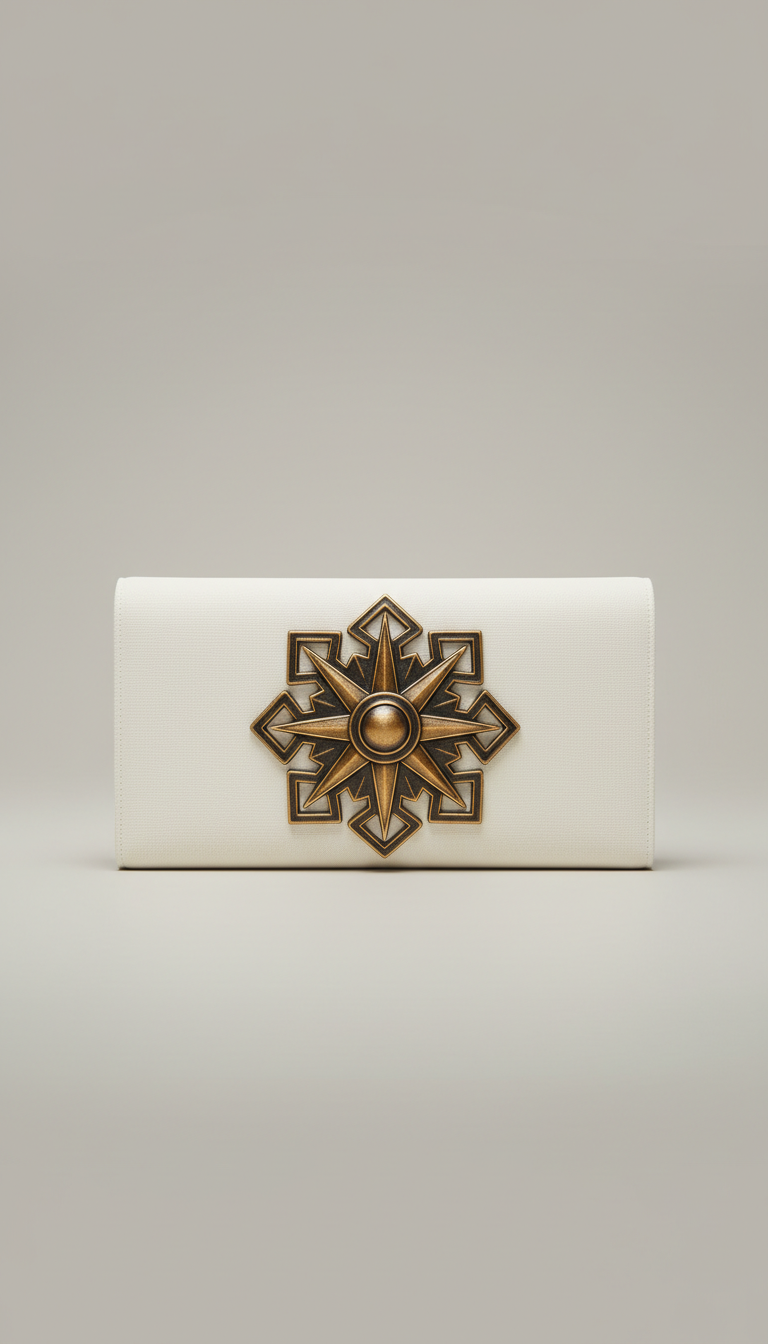 Papyrus white clutch with antique bronze motif
