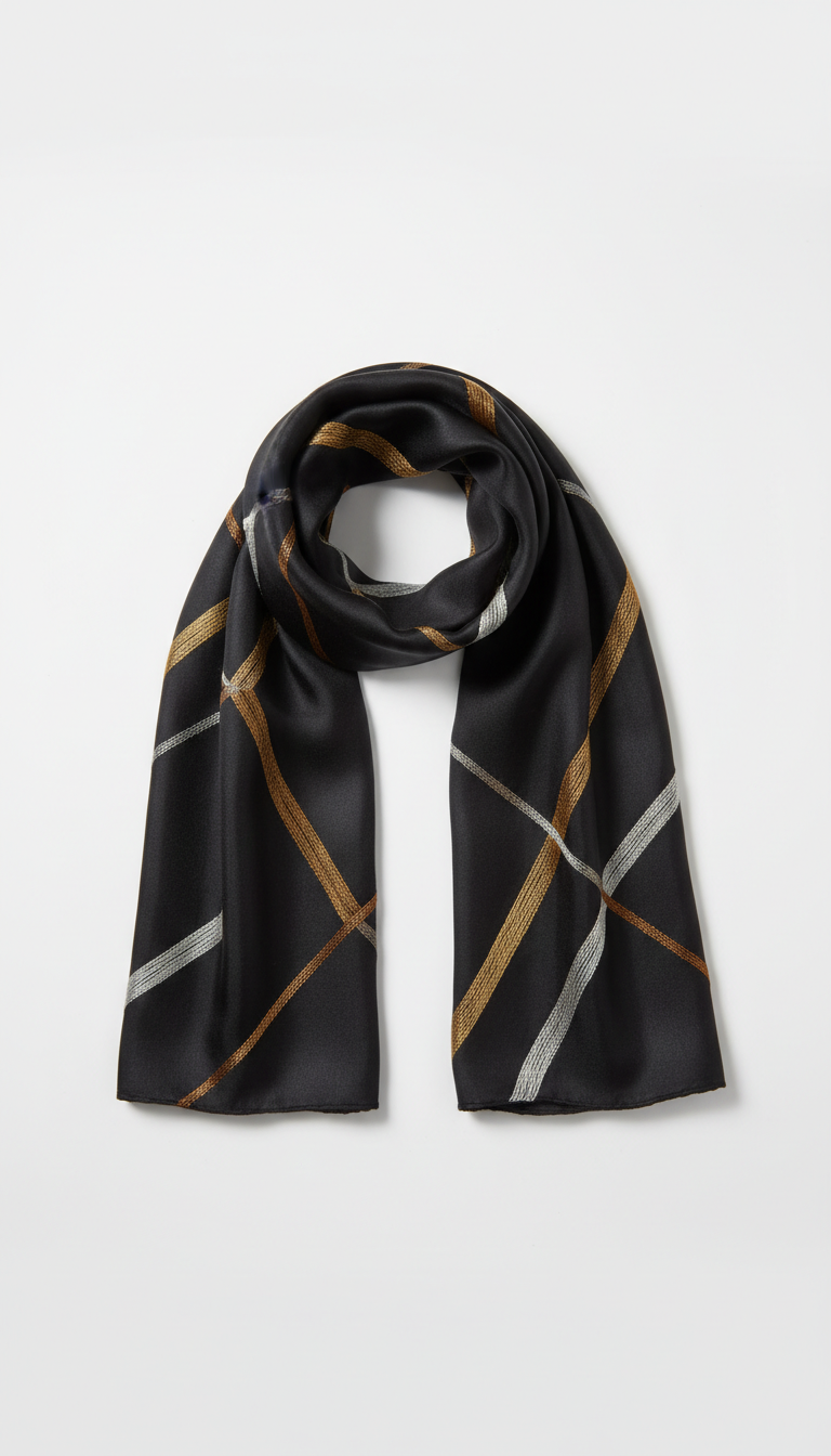 Obsidian silk scarf with geometric embroidery