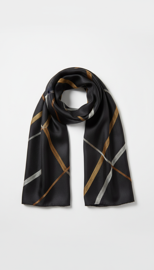 Obsidian silk scarf with geometric embroidery