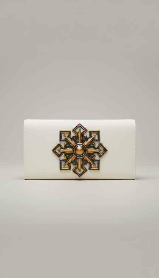 Papyrus white clutch with antique bronze motif
