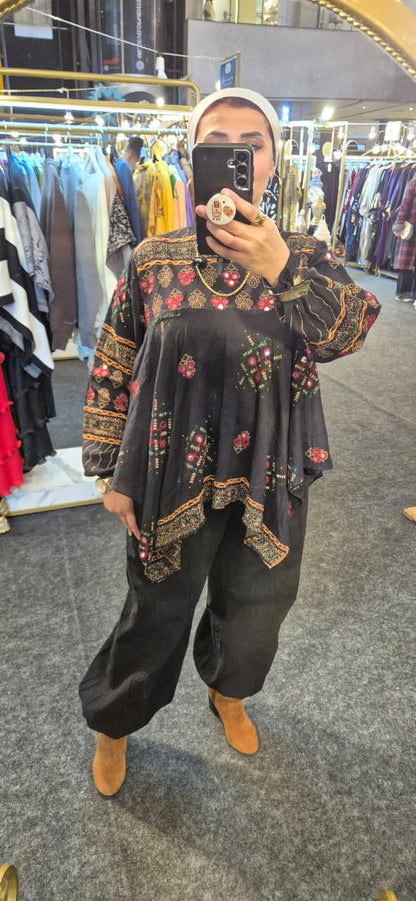 Black Embroidered Pure Cotton Top