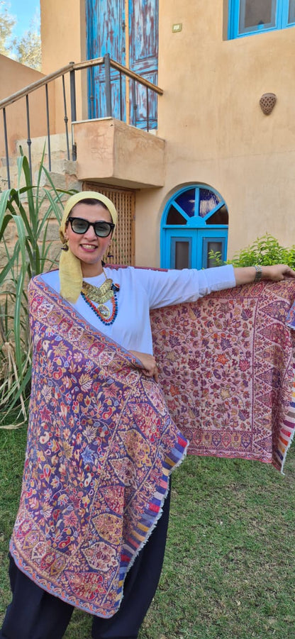 Reversible shawl in purple and dusty rose floral patterns