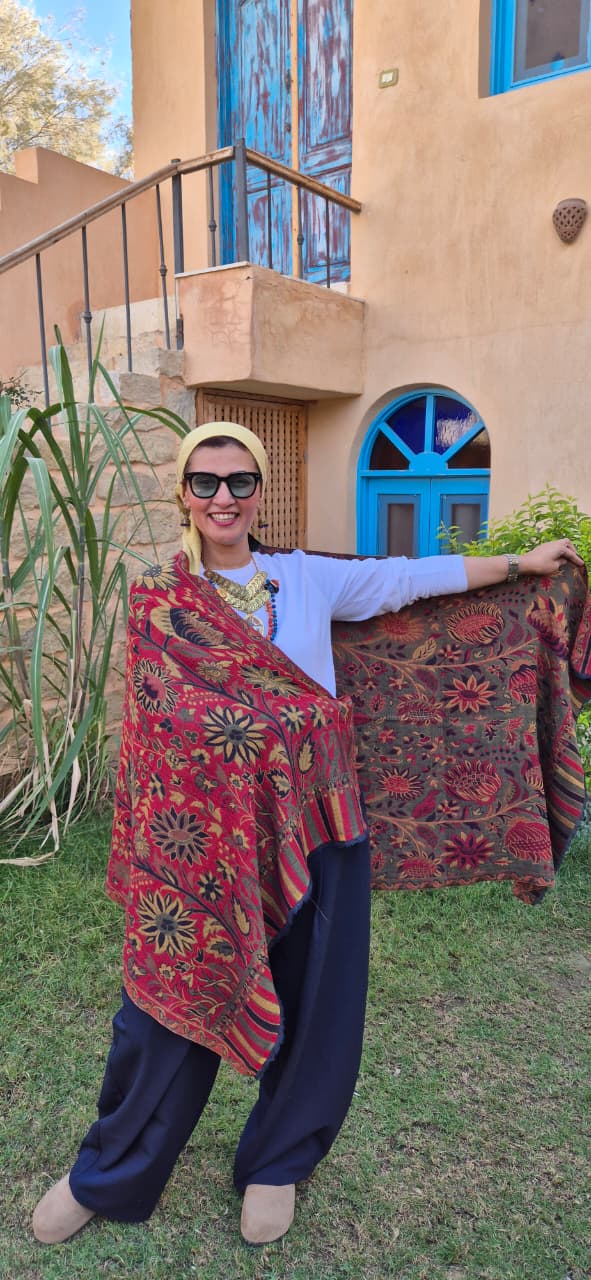 Reversible shawl in teal green and plum floral patterns
