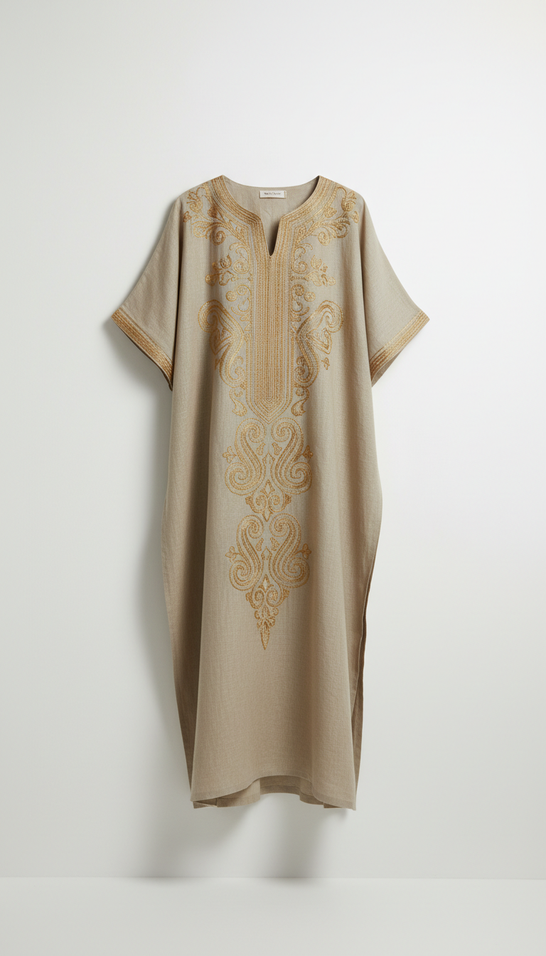 Linen kaftan with gold embroidery